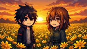 兩個動漫角色在日落時分在黃色花田中微笑。 — Undertale 壁紙