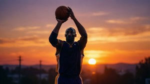 籃球運動員在橙色和紫色的日落天空下投籃