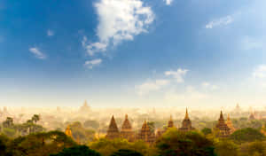 古老的金色寶塔在藍天下，日出時分從綠樹中探出頭來。 — 美景 壁紙
