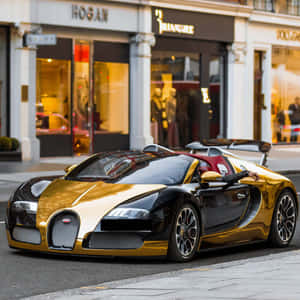 金色和黑色的Bugatti Veyron停泊在豪華商店附近的城市街道上。
