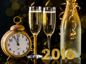 金色時鐘、香檳杯和酒瓶以閃爍效果慶祝2016年新年。 — 金色美學 GIF 壁紙