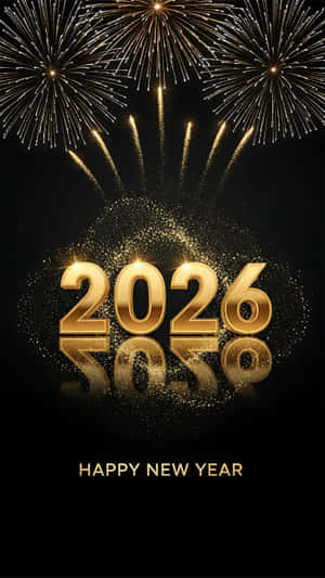 金色2026配煙花和反射，黑色背景，適合新年慶祝
