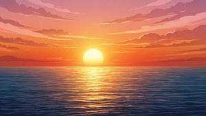 海洋上的日落，充滿活力的橙色和粉紅色天空反射在平靜的水面上。