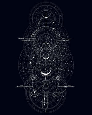 黑色背景上帶有星座和彎月的天體圖。