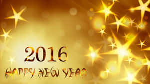 金色2016年新年祝福，閃爍星星和發光散景背景。