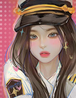 藍眼睛的動漫女孩，戴著帽子和白色外套，背景是粉紅色圓點。 — 動漫女孩 壁紙