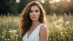 身穿白色連衣裙的女性站在陽光明媚的野花田中