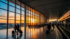 旅客拖著行李箱走過顯示機場客運大樓日落的大型窗戶