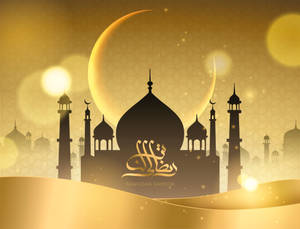 金色色調的清真寺剪影和新月 Ramadan Kareem 問候。 — 齋戒月 壁紙
