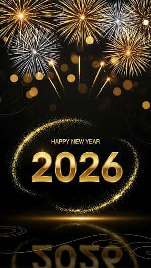 金色煙花在黑色背景上的「HAPPY NEW YEAR 2026」文字上方爆發，帶有閃光和反射。