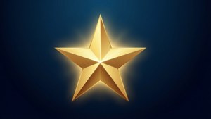 一顆發光的金色星星位於深藍色背景中央。