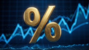 金色百分比符號在發光的金融數據圖表上。