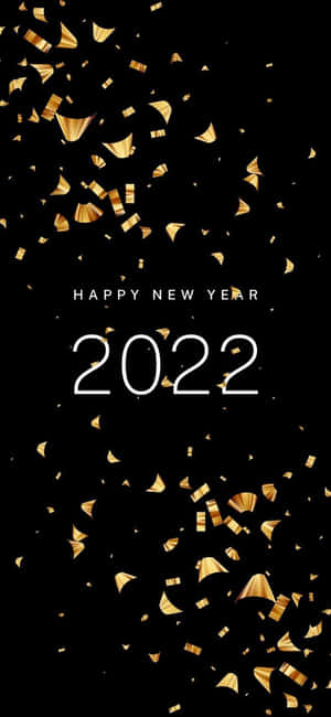 金色紙屑落在黑色背景上，白色文字寫著新年快樂2022