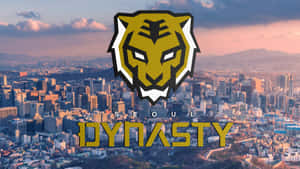 Seoul Dynasty標誌疊加在日落城市天際線上 — 黃昏 壁紙