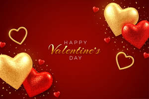 Happy Valentine's Day 問候，帶有閃爍的紅色和金色心形及五彩紙屑。