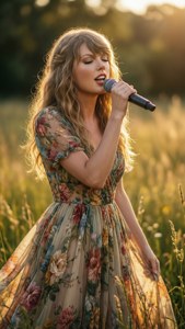 身穿花卉連衣裙的女性在陽光明媚的田野中唱歌。