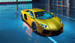 金色林寶堅尼Aventador在藍色燈光車庫中，地板反光。