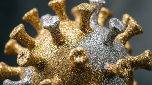 帶有紋理尖刺的金色和銀色閃閃發光的冠狀病毒模型。
