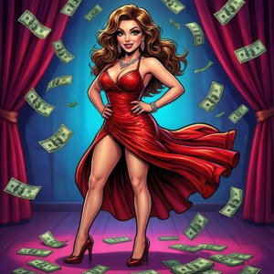 一位穿著紅色連衣裙的魅力女性在舞台上擺姿勢，金錢在她周圍落下。