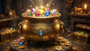 金色大鍋裝滿了色彩繽紛的寶石和硬幣，在一個充滿寶藏的房間裡。