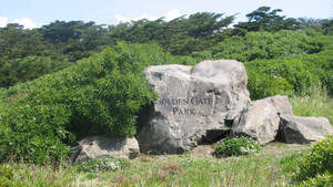 一個金門公園的石質標誌，周圍環繞著綠色植物和樹木。