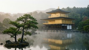 霧湖中的金色亭閣與松樹，黎明時分