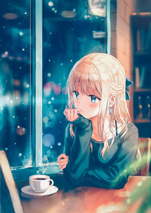 金髮動漫女孩在雪窗邊喝咖啡，夜晚舒適的咖啡館。