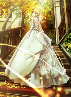 金髮動漫女孩白色禮服在秋日樓梯上，金色樹葉和陽光。 — 可愛動漫女仔 壁紙