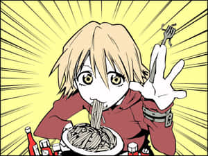動漫角色用筷子開心地吃意大利麵。 — 4:3 壁紙