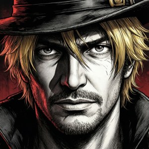特寫一名嚴肅的動漫男子，金髮黑帽，背景為紅色。