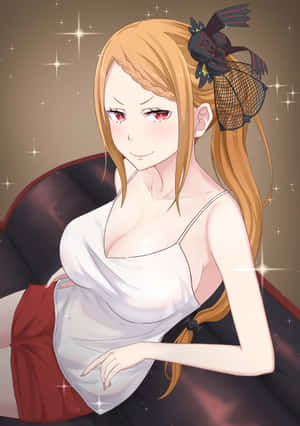 金髮紅眼動漫女孩坐在閃爍的椅子上微笑。 — iPad (A16) 壁紙