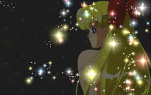 金髮紅蝴蝶結的動漫女孩在夜晚被閃爍的星星包圍。 — 美少女戰士 壁紙