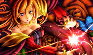 金髮動漫少女被紅玫瑰環繞，施展電系魔法。 — 魔法 GIF 壁紙