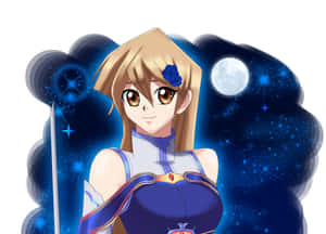 藍衣動漫女孩在月光下的星星中持劍 — 高對比 壁紙
