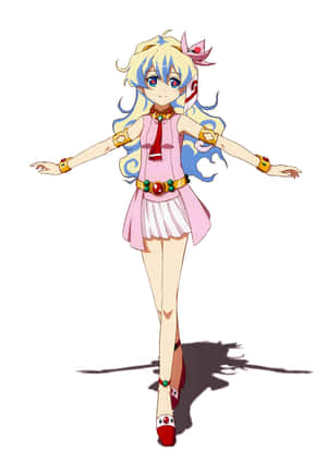 金髮藍髮的動漫女孩穿著粉紅色服裝張開雙臂站立。 — 簡單 壁紙