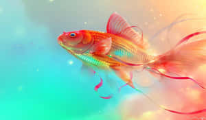 一條發光的金魚，帶有飄逸的絲帶，在色彩繽紛的漸變背景中游動。