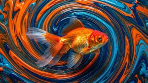 一條金魚在旋轉的橙色和藍色液體漩渦中游泳。