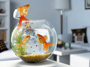 三條金魚在一個裝有彩色卵石和綠色植物的圓碗中。