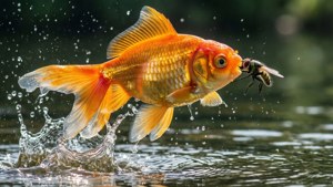 金魚跳出水面捕捉蒼蠅，水花四濺