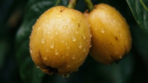 兩顆沾滿露水的枇杷掛在帶有綠葉的樹枝上。