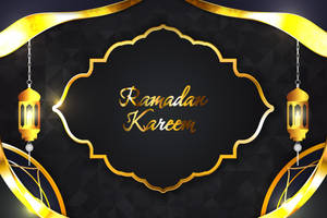 深色背景上帶有金色燈籠和華麗邊框的 Ramadan Kareem 祝福。 — 齋戒月 壁紙