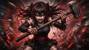 動漫女戰士在激烈的紅黑動作場景中揮舞帶刺錘子。 — 咒術回戰 壁紙