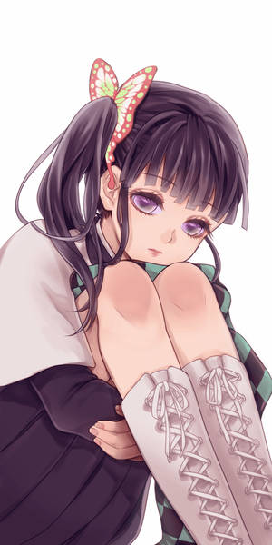 黑髮紫眼動漫女孩抱著膝蓋，穿著高筒蕾絲靴子和蝴蝶髮夾。 — 鬼滅之刃 壁紙