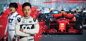 兩名F1車手在賽道上與一輛紅色法拉利賽車合影。