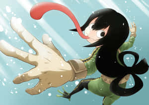 動漫女孩，黑髮紅尾，在飄雪中伸出巨大的手。 — 動漫女孩 壁紙