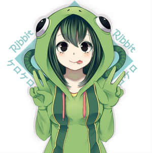 穿著青蛙連帽衫的動漫女孩做出和平手勢，帶有「Ribbit」文字。 — 動漫女孩 壁紙