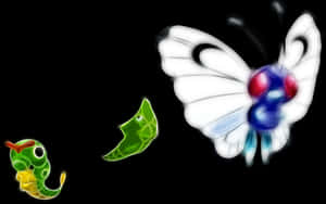 發光的綠色毛蟲進化成一隻帶有藍色和紅色細節的白色蝴蝶。