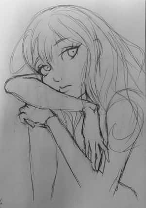 長髮動漫女孩在鉛筆素描中擁抱自己。 — 玫瑰 壁紙