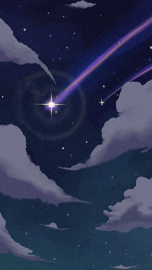 一顆發光的紫色流星在繁星點點的夜空中留下軌跡，伴隨著柔和的雲朵。