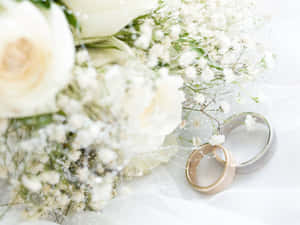 兩枚結婚戒指放在白色花束旁邊，布料透薄。